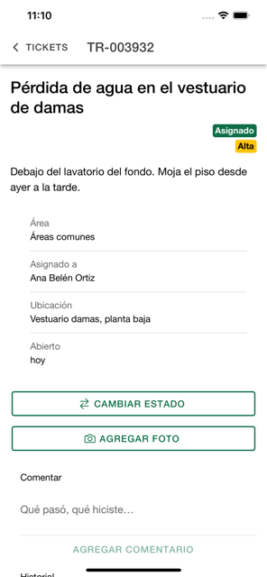 Detalle de un ticket con área, responsable, ubicación e historial.